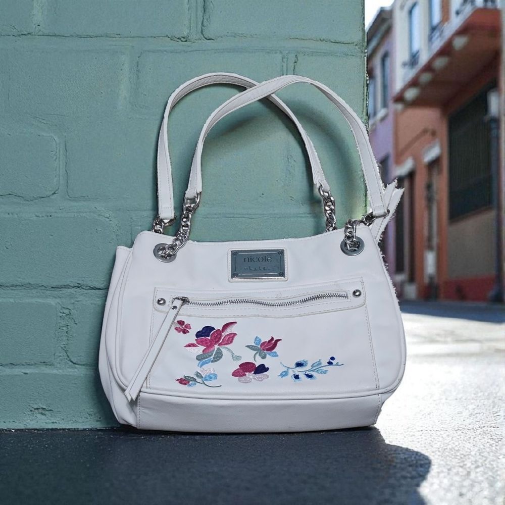 NICOLE by NICOLE MILLER White Handbag with  Embrordered Floral, Soft Leather